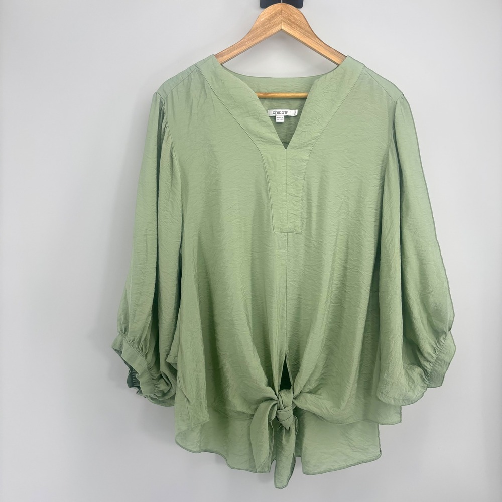 Chico's Tie Front Blouse Size 3 Moroccan Mint Batwing Sleeve V Neck 3/4 Sleeve